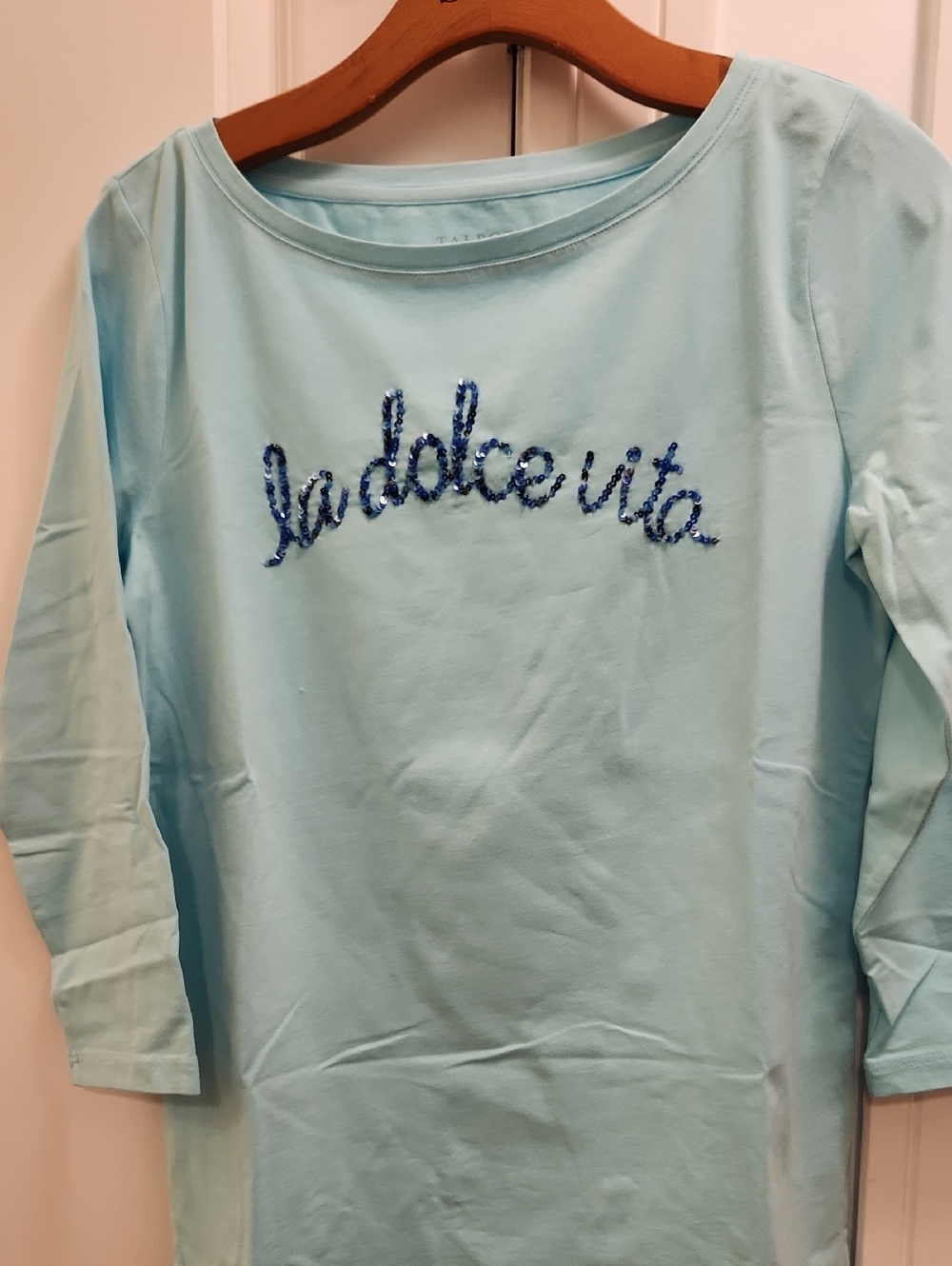 NWOT Talbots Light Blue 'la dolce vita' Embellished Tee